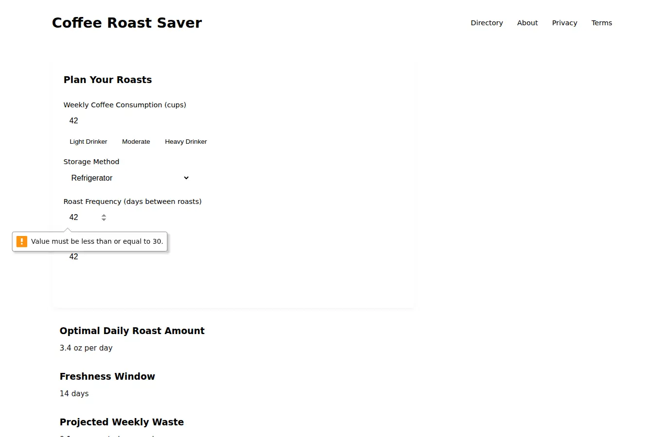 Screenshot of Home Coffee Roast Saver interface showing the project page in use